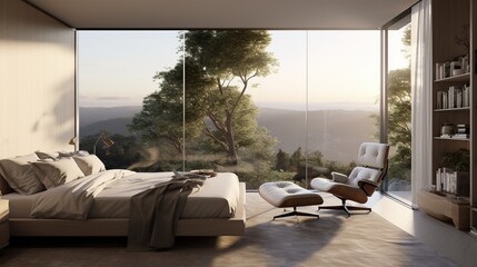 Wall Mural - The panoramic view of the Scandinavian Chic Resting Place, capturing the seamless integration of the bedroom with a reading nook bathed in natural light, providing a serene space for relaxation.