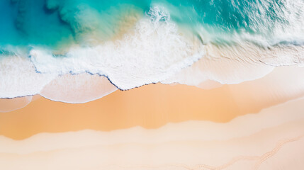 Ocean wave meeting golden sand beach, aerial view, Tropical get away and summer feeling.
