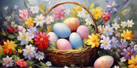 Wall Mural - Easter eggs in a basket in the grass surrounded by vibrant blossoms, acrylic painting, beautiful background