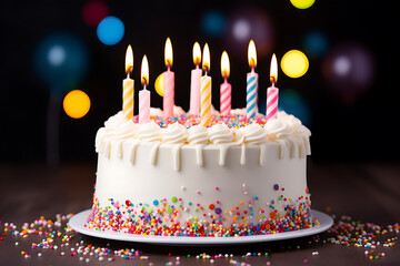 White Birthday Cake adorned with Candles, Surrounded by Colorful Balloons, Sparkles, and a Rainbow of Delights. Children Having Fun at a Vibrant Birthday Party filled with Chocolate, Sugar, Candies