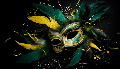 Venetian mask, mardi grass, carnival. With yellow and green feathers masquerade on black background with confetti