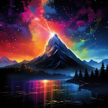 High Single Sharp Mountain And The Aurora Borealis. Colorful Impressionistic Night Mountain Beautiful Landscape.