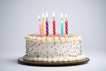 cake celebration birthday with colorful sprinkles and  six candles, on wooden podium, white background