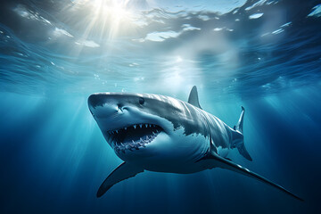 Wall Mural - Shark swimming in water, shark, great white shark, underwater fish, shark teeth