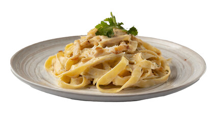 Wall Mural - Plate of fettucini alfredo with garnish isolated on transparent background
