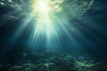 underwater, flow rays of sunlight penetrating from surface in depth, waves above, nobody