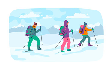 Wall Mural - Cartoon Color Characters People and Winter Hiking Concept at Mountain Landscape Panorama Flat Design Style. Vector illustration