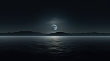 The Expanse Of The Ocean At Night Is Mysterious, With The Full Moon Shining Brightly, The Silhouette Of The Mountains. Suitable For Wallpapers, And Backgrounds With Dark, Black, Modern, 8k Themes