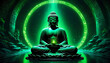 Image of meditating Buddha statue with green neon lights. Generative AI