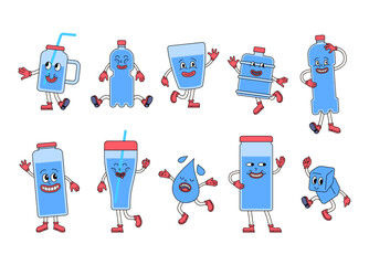 Sticker - Cartoon Color Water Drink Mascot Set Concept Flat Design Style. Vector illustration of Funny Beverage Mascots