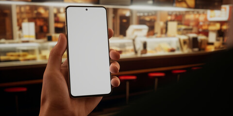 CU Photo of a person using his phone inside a fast-food restaurant, blank screen