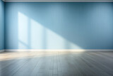 Fototapeta  - Empty room with blue wall, sunrays and wooden floor.