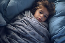 Sad, Thoughtful Cute Child Lies Under A Blanket In Bed, Children's Cold