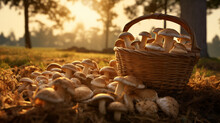 Abundant Organic Mushrooms Wood Basket And Plantation With Sunshine And Clear Sky.  Created Using Generative AI.