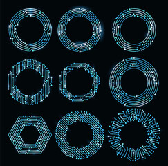 Circuit board circle frames. Abstract digital round frame, hardware board and electronic motherboard pattern vector set. Programming science, computer system elements