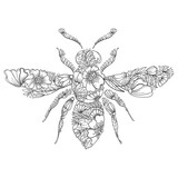 Fototapeta Kosmos - Floral bee with outline flowers in black isolated on white background. 