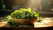 Close up spinach bowl on the island kitchen background and morning sunrise. Created using generative AI.