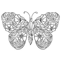 Wall Mural - Floral butterfly with outline flowers in black isolated on white background. 