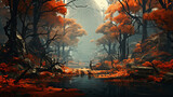 Fototapeta Do pokoju - A Gloomy Autumn Forest in a Fantasy World. Generativ
