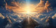 Stone Staircase To Heaven. Stairs Leading To A Bright Light In The Distance, Clouds. Generative AI