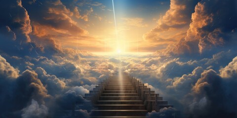 Stone staircase to heaven. Stairs leading to a bright light in the distance, clouds. Generative AI