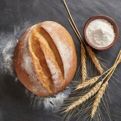 Wall Mural - Fresh bread with wheat ears and bowl of flour on dark board, top view