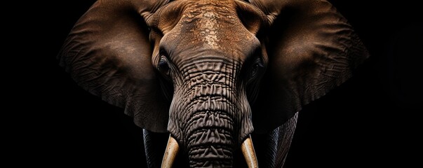 close-up portrait of an elephant's face. Dark background