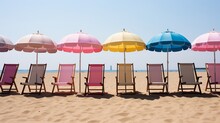 Vibrant Beach Boardwalk With Colorful Huts And Sun Umbrellas, Perfect For Summer Apparel Promotion