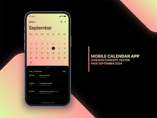 Wall Mural - mobile app calendar september 2024 page with to do list and tasks vector ui ux design concept on iso