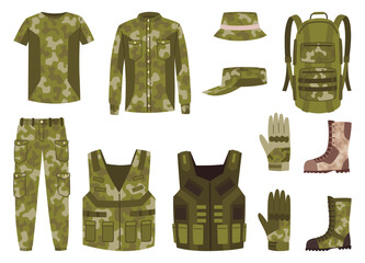 Military clothes, equipment for soldiers. Woodland camouflage style, isolated icons. Isolated costumes, gloves and boots, hat and goggles, life vest for protection. Flat cartoon, vector illustration