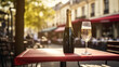 Generative AI, glass of champagne and bottle on wooden table with blur background with lights of street bar, cafe, coffee shop or restaurant, drink mock up
