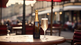 Fototapeta  - Generative AI, glass of champagne and bottle on wooden table with blur background with lights of street bar, cafe, coffee shop or restaurant, drink mock up
