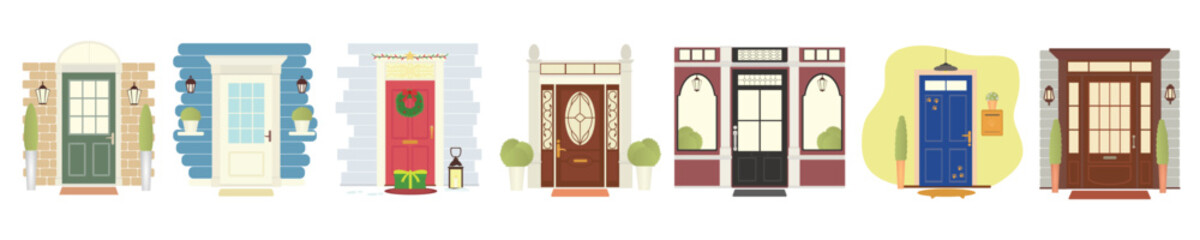 Wall Mural - Many vintage doors of houses on white background