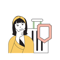 Poster - Insurance service concept with cartoon people in flat design for web. Woman with luggage using travel insurance for protect traveling. Vector illustration for social media banner, marketing material.