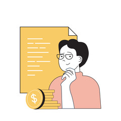 Poster - Insurance service concept with cartoon people in flat design for web. Man using financial and banking assurance guarantee document. Vector illustration for social media banner, marketing material.