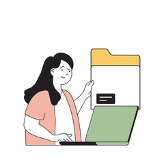 Poster - Insurance service concept with cartoon people in flat design for web. Woman working in company and using document protection system. Vector illustration for social media banner, marketing material.