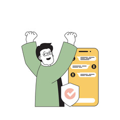 Poster - Insurance service concept with cartoon people in flat design for web. Man applies for safety shield and chats with customer support. Vector illustration for social media banner, marketing material.