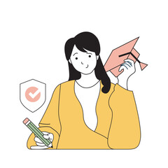 Poster - Insurance service concept with cartoon people in flat design for web. Woman gets education loan and uses financial insurance in bank. Vector illustration for social media banner, marketing material.