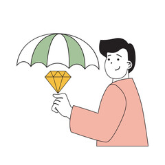 Poster - Insurance service concept with cartoon people in flat design for web. Man gets assurance policy and uses umbrella protect with quality. Vector illustration for social media banner, marketing material.