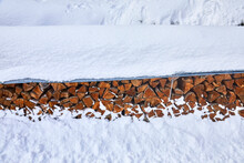  Beautifully Snow-covered Woodpile, As A Close-up.