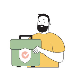 Poster - Insurance service concept with cartoon people in flat design for web. Man making risk investments and using assurance protection. Vector illustration for social media banner, marketing material.