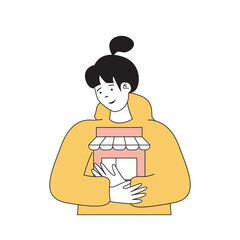 Poster - Insurance service concept with cartoon people in flat design for web. Woman using assurance protection for support her small business. Vector illustration for social media banner, marketing material.