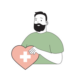 Poster - Insurance service concept with cartoon people in flat design for web. Man using medical assurance protection for supporting health. Vector illustration for social media banner, marketing material.