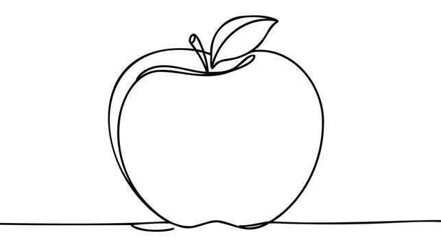 apple continuous line drawing, black and white vector minimalistic linear illustration made of one l
