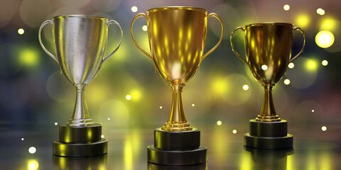 Wall Mural - Gold silver bronze trophy cup with dual handle on bokeh light  background. 3d render