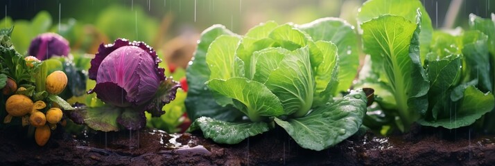 Wall Mural - Vegetable garden close-up. Vegetables with dew