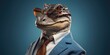 Cool crocodile in a business suit. Place for text. Blue background. Generative AI