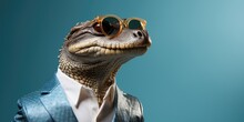 Stylish Alligator In A Business Suit On A Blue Background. Generative AI