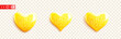 Set of glossy golden 3d heart icons with glitter. Yellow realistic hearts isolated on transparent background. Love symbol for greeting cards, banners for Valentine's Day. Vector illustration