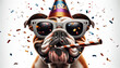 Funny bullgog celebrating party birthday or carnival wearing party hat. Creative animal concept. English Bulldog at  party wearing party hat and striped horn